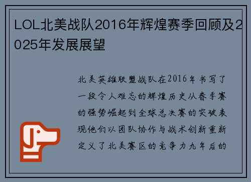 LOL北美战队2016年辉煌赛季回顾及2025年发展展望